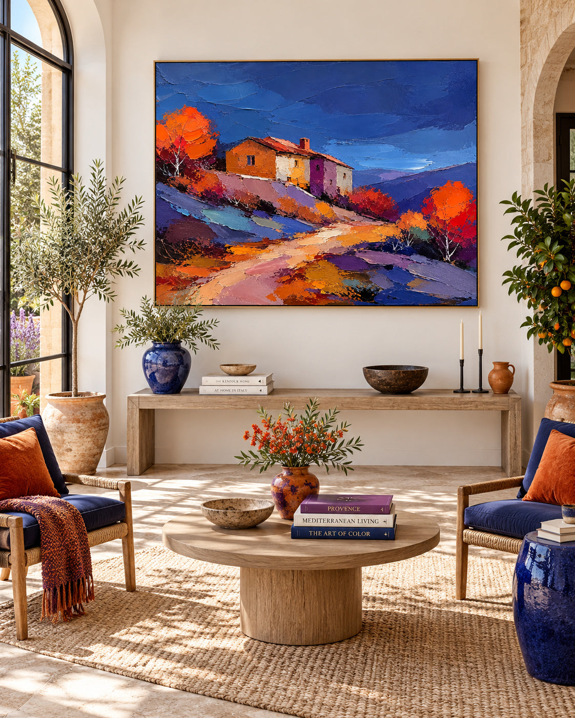 Hand-Painted Autumn Landscape With Cottage And Colorful Hills Canvas Art