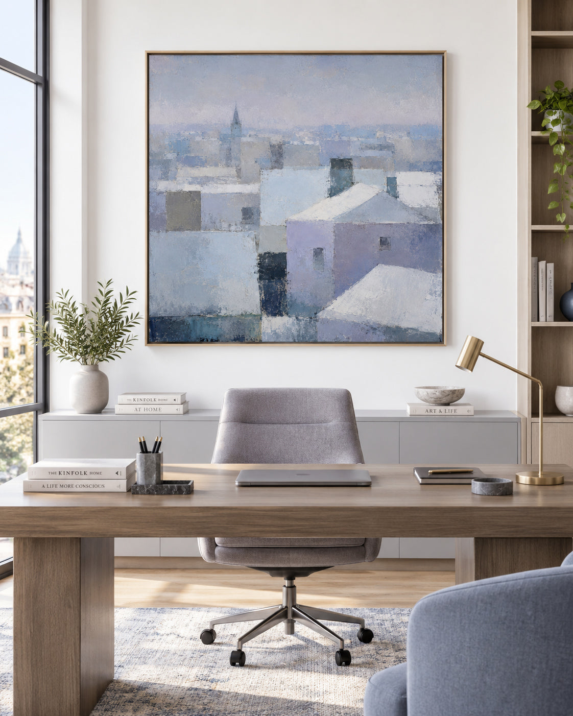 Abstract Cityscape Canvas Painting With Geometric Blue And Purple Blocks