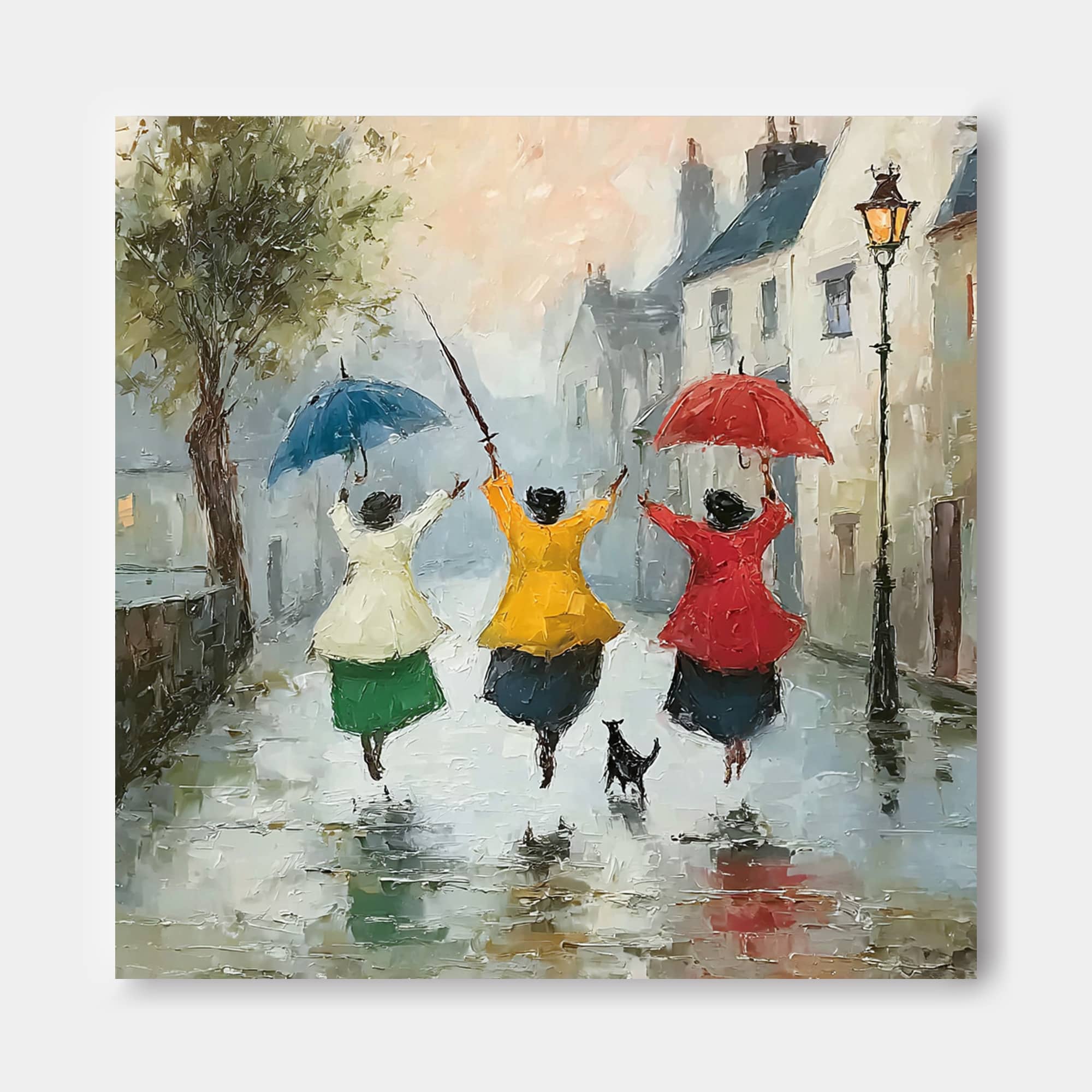 Impressionist Street Scene Oil Painting With Three Women In Rain For Modern Living Room Decor