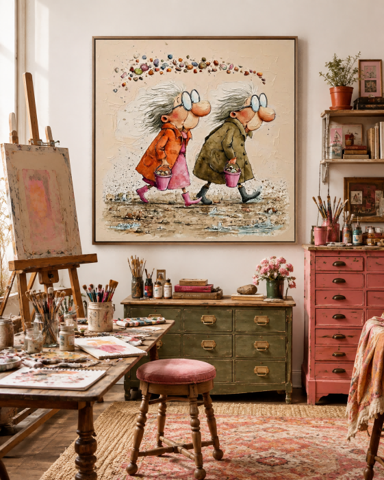 Cute Elderly Sisters Beach Art Square Canvas Painting For Living Room Decor