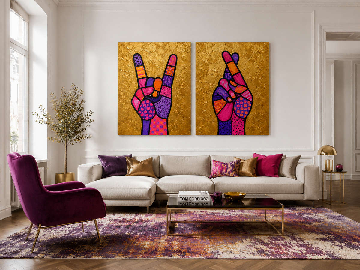 Pop Art Hand Gestures Canvas Painting Set With Gold Background