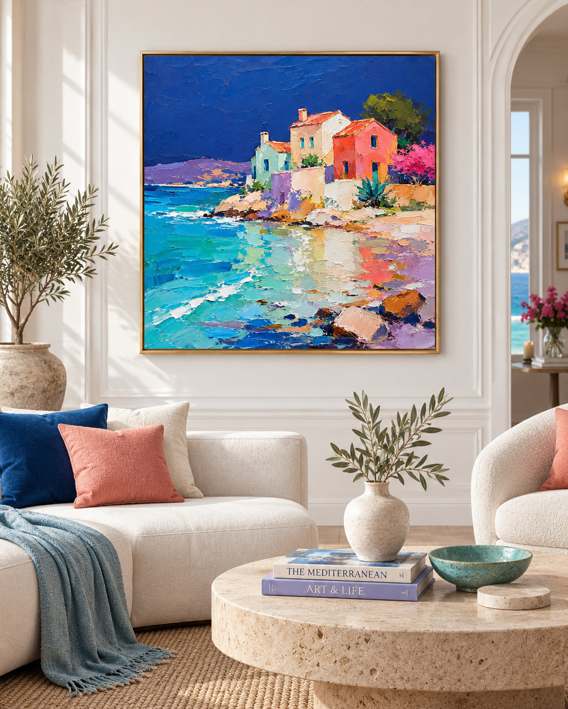 Colorful Mediterranean Coastal Houses With Sea Reflections Hand-Painted Canvas Art