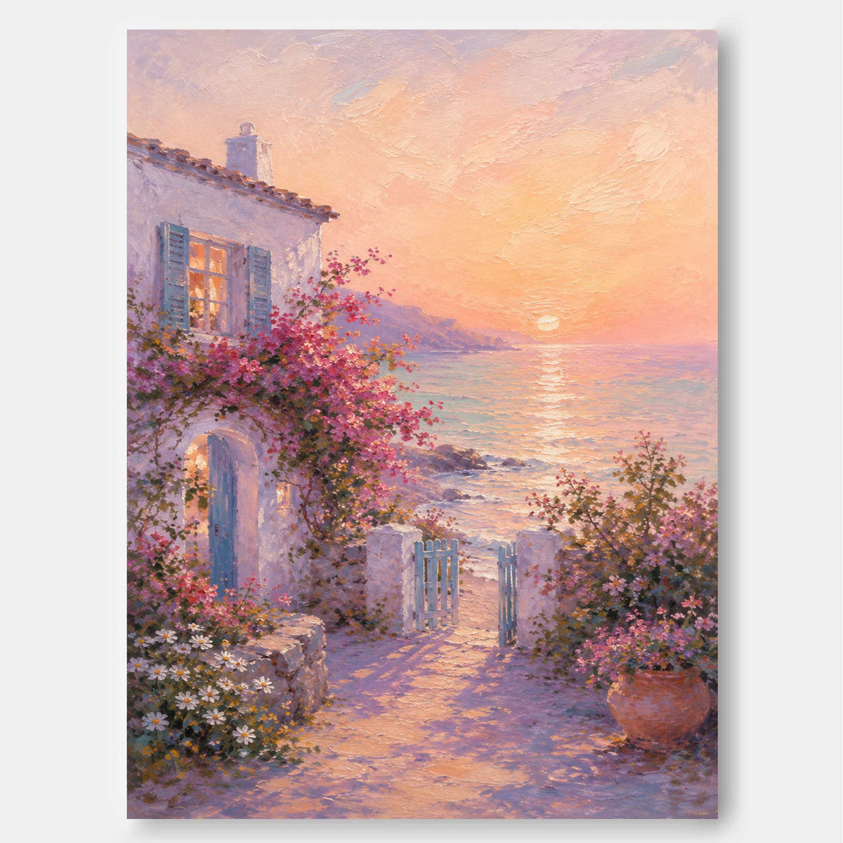 Mediterranean Sunset Cottage Hand-Painted Canvas Art With Pink Flowers