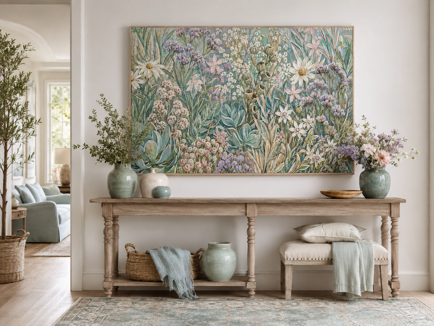 Romantic Wildflower Canvas Painting With Dried Grasses For Bedroom Or Lounge Decoration