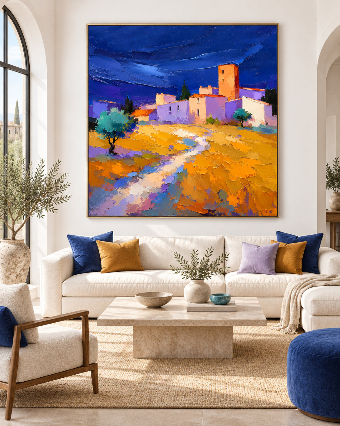 Impressionist Style Textured Canvas Painting With High Saturation Blue And Yellow Colors