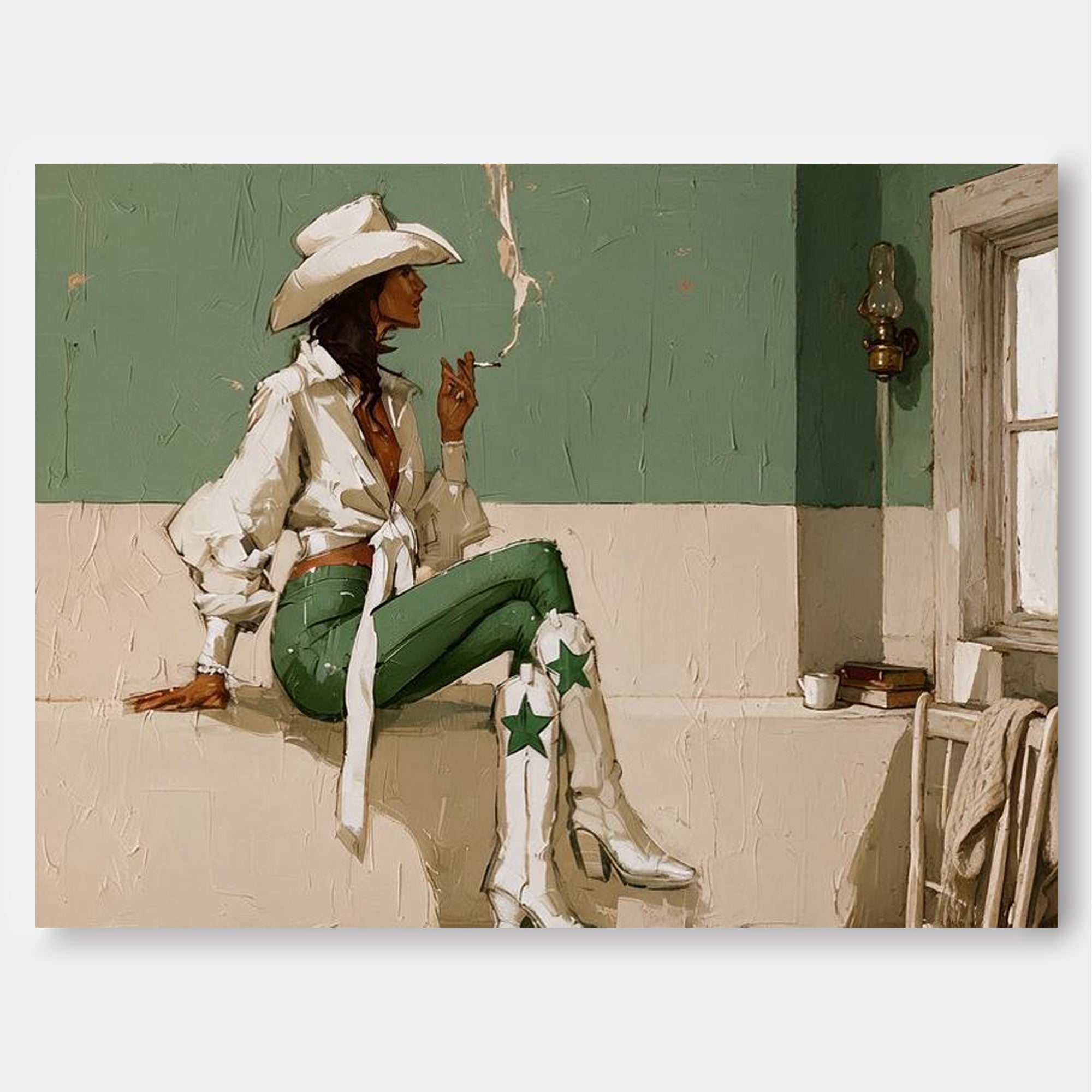 Modern Western Cowgirl Art Painting With Green And White Tones For Living Room Decor