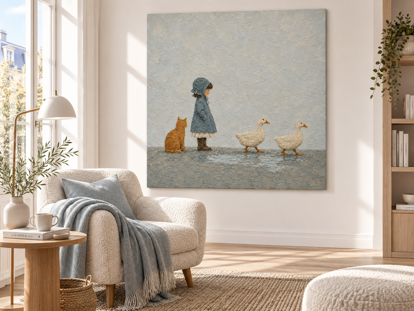 Modern Naive Art Canvas Painting Textured Abstract Animal Scene