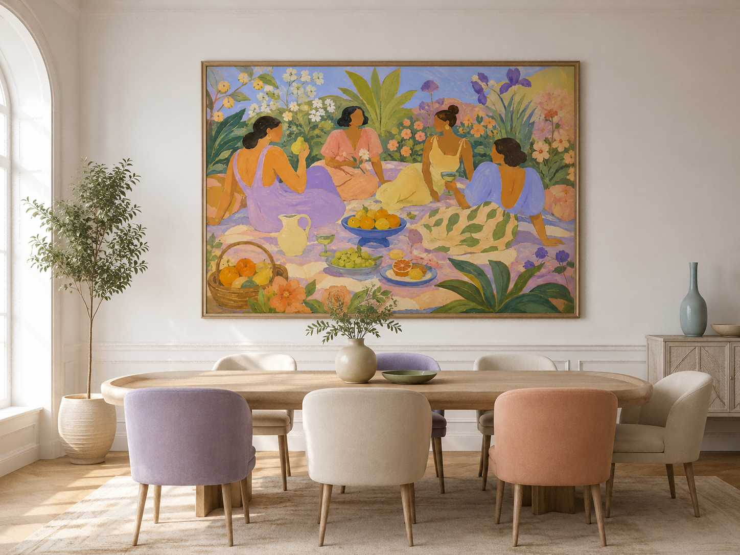 Women Picnic In Fantasy Garden Art Deco Canvas Painting With Fruit And Flowers