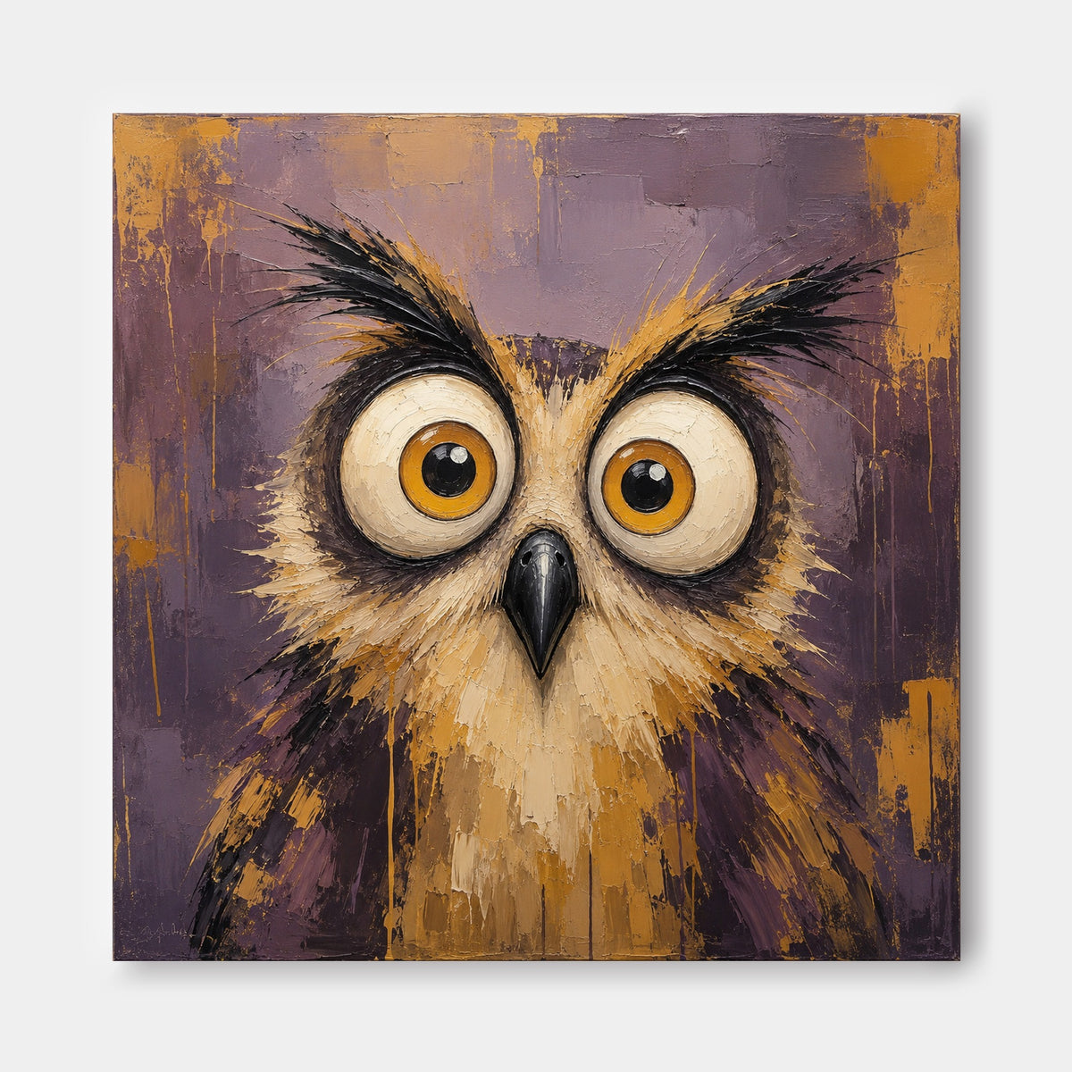 Abstract Pop Art Owl Painting With Textured Brushwork And Humorous Appeal
