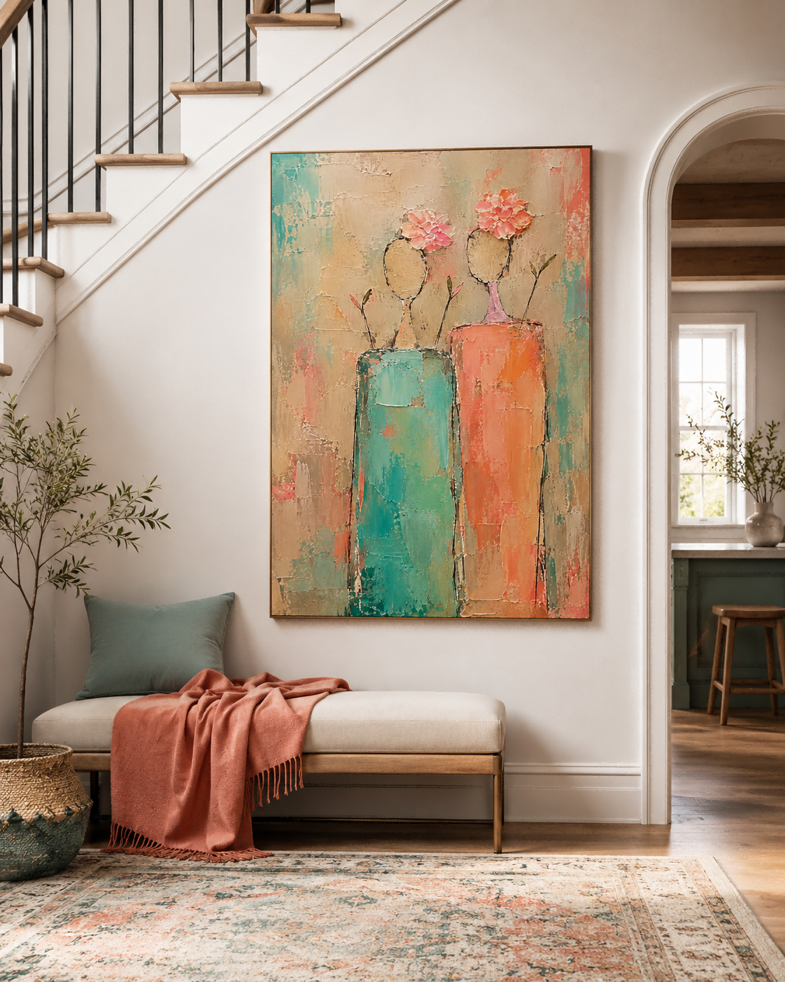 Abstract Floral Women Canvas Painting Hand-Painted Modern Art With Impasto Texture Modern Impasto Oil Painting Abstract Ladies With Flowers For Contemporary Home Decor