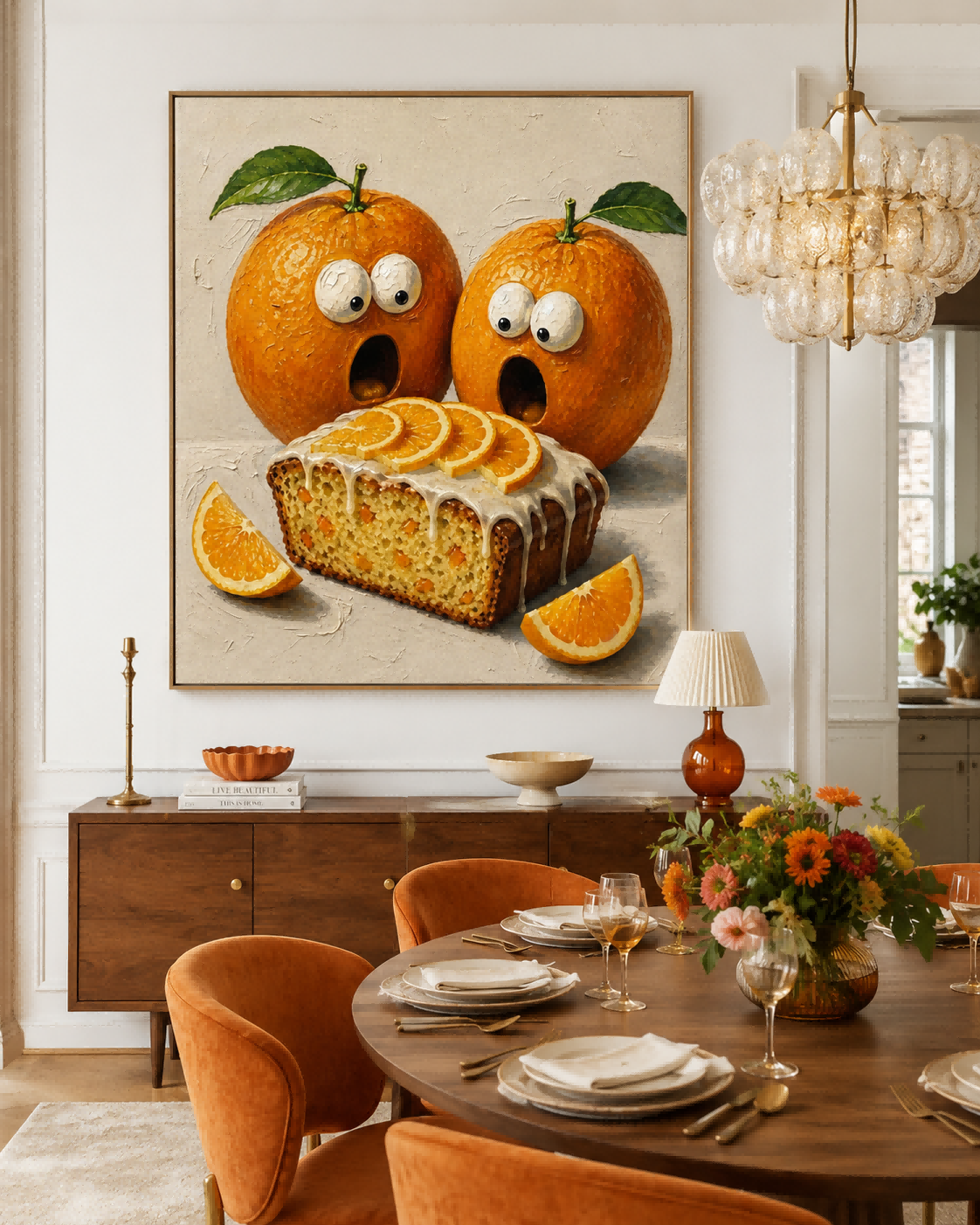 Whimsical Orange And Cake Painting For Modern Kitchen Wall Art Decor