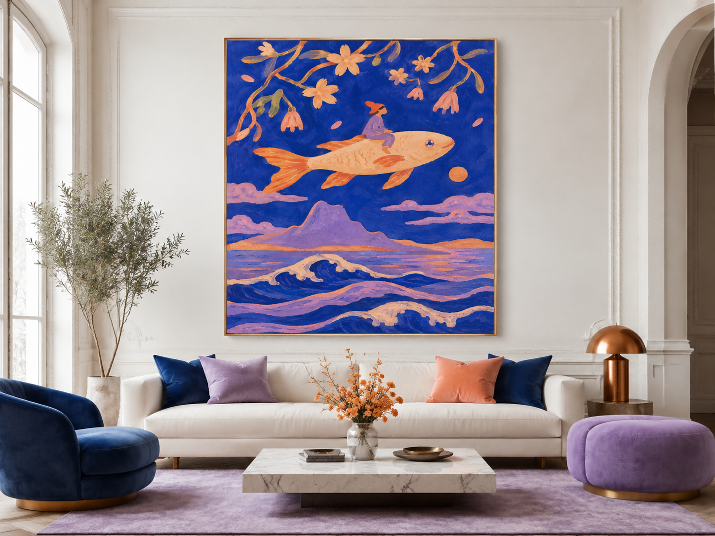 Art Deco Style Canvas Painting With Surreal Ocean Theme