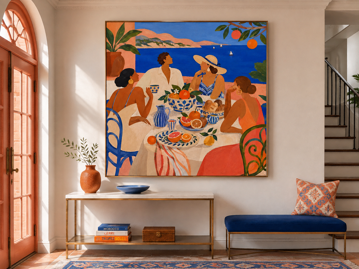 Art Deco Style Canvas Art Dreamy Mediterranean Leisure Scene Original
