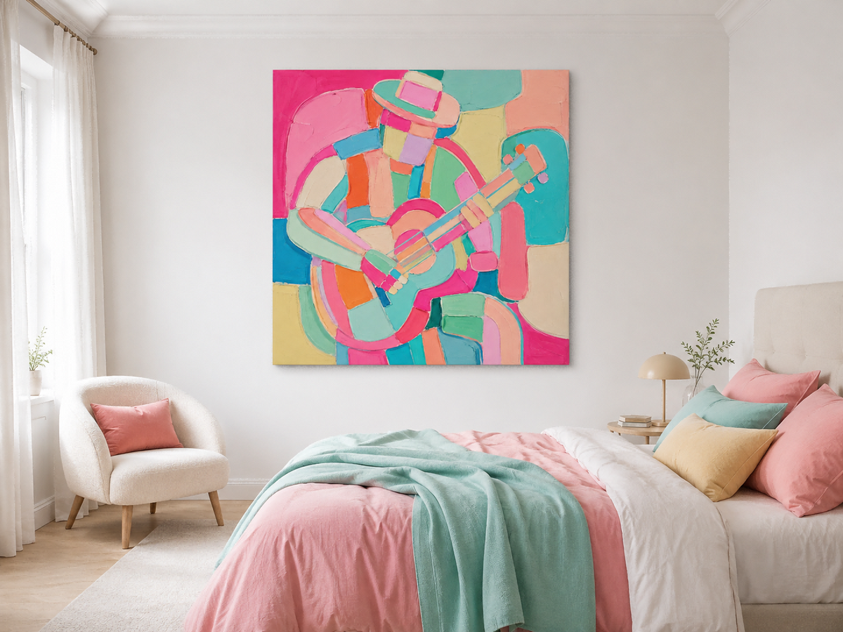 Vibrant Modern Musician Painting With Geometric Blocks For Living Room Decor