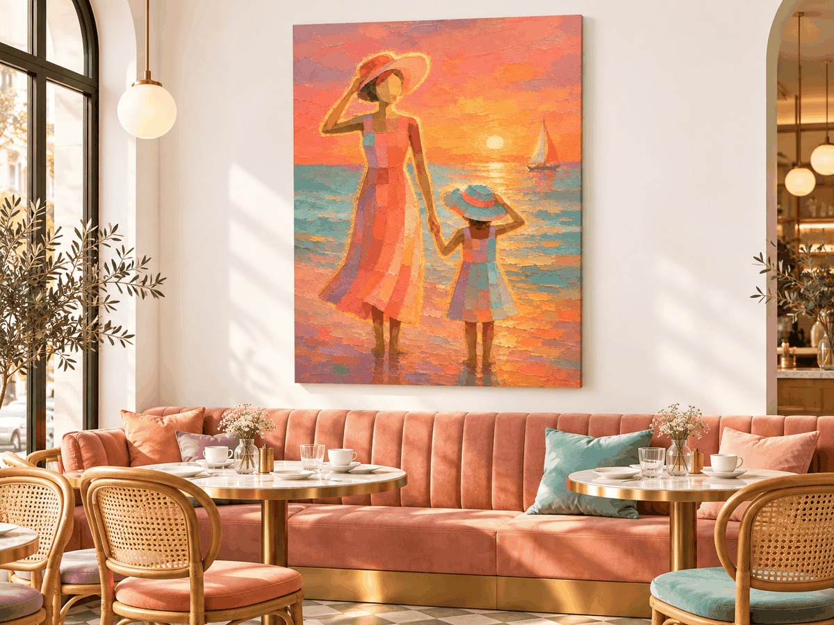 Mother And Daughter Sunset Beach Hand-Painted Canvas Art With Sailboat
