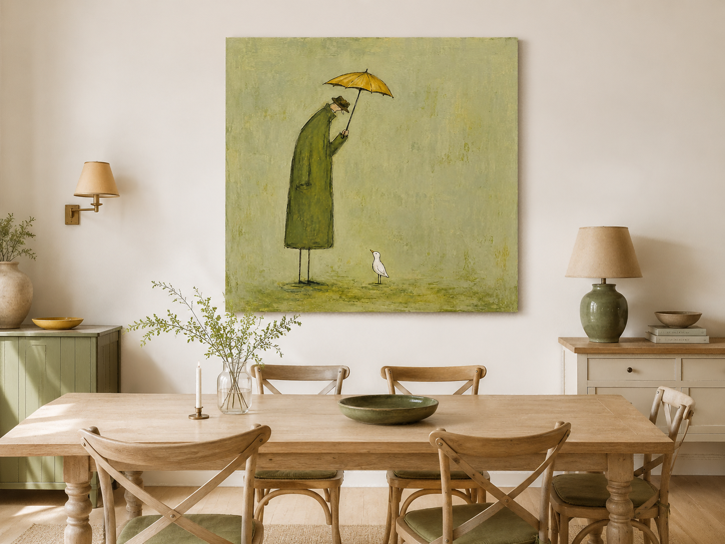 Naive Art Painting Of Man And Bird With Umbrella For Modern Wall Decor