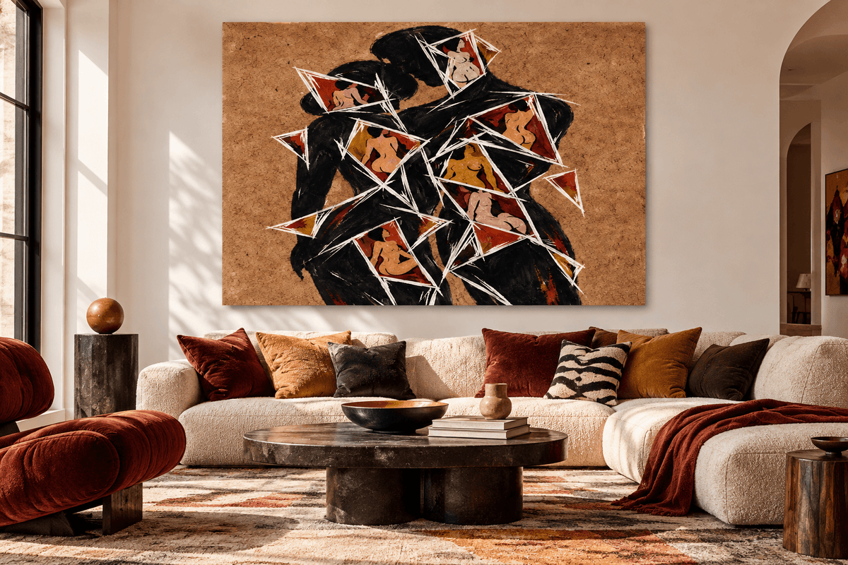 Abstract Lovers Silhouette Hand-Painted Canvas Art With Geometric Shards Cubist Romantic Art
