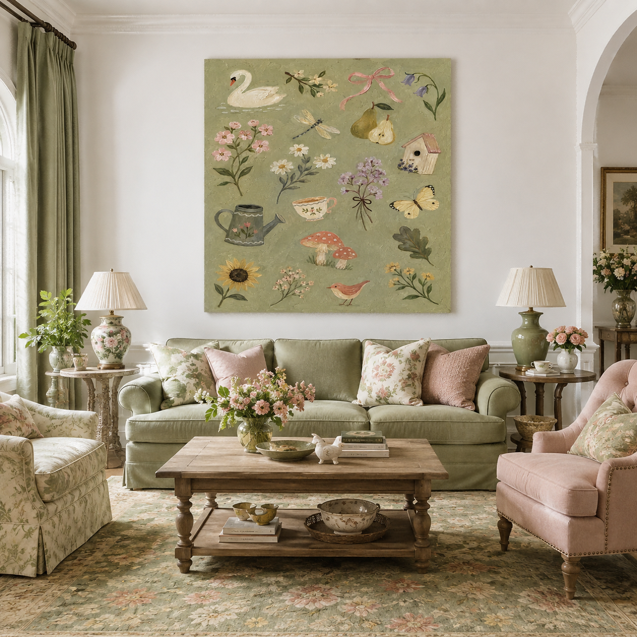 Square Canvas Wall Art Featuring Whimsical Garden Elements In Retro Style