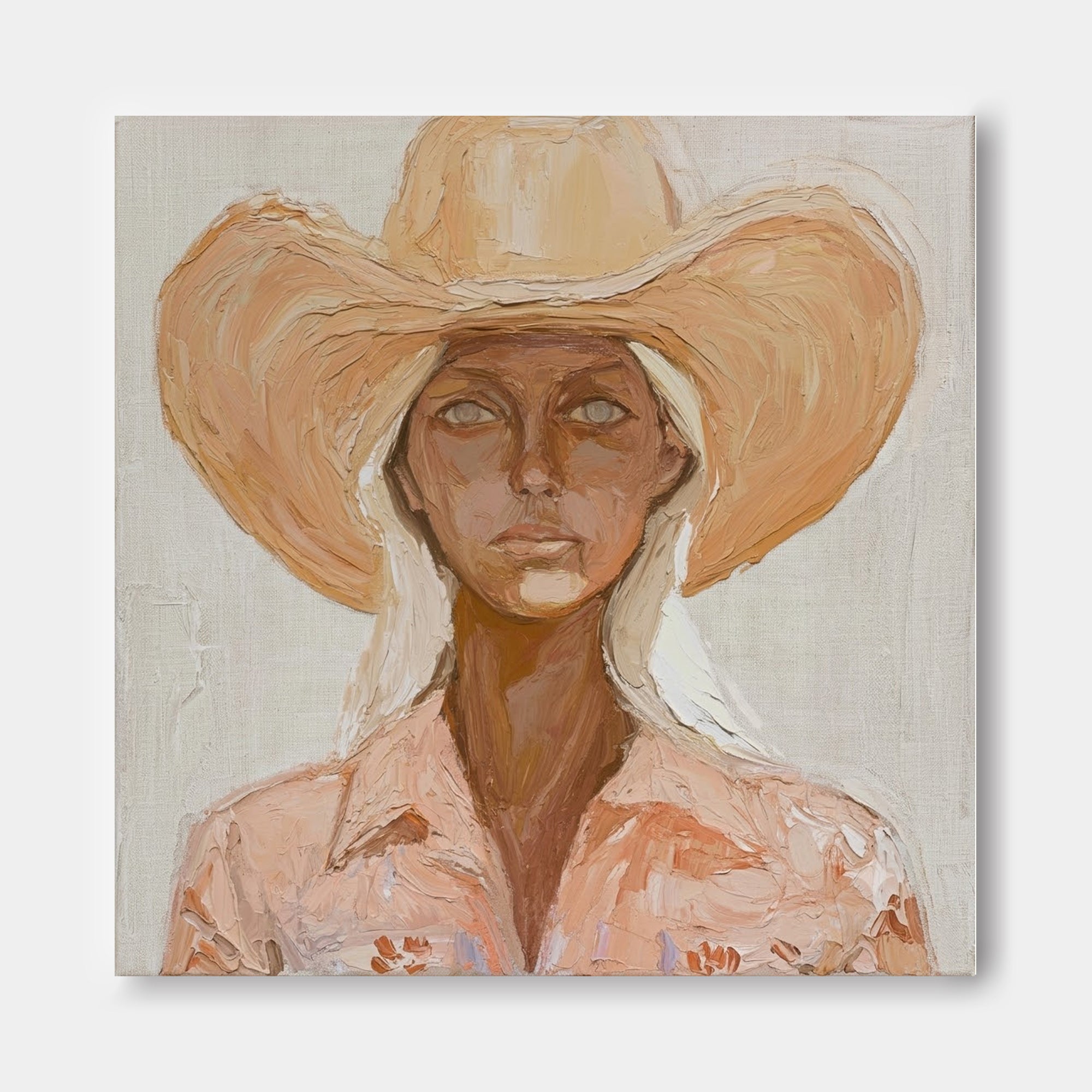 Organic Modern Square Canvas Art Featuring Female Figure In Cowboy Hat For Living Room Wall