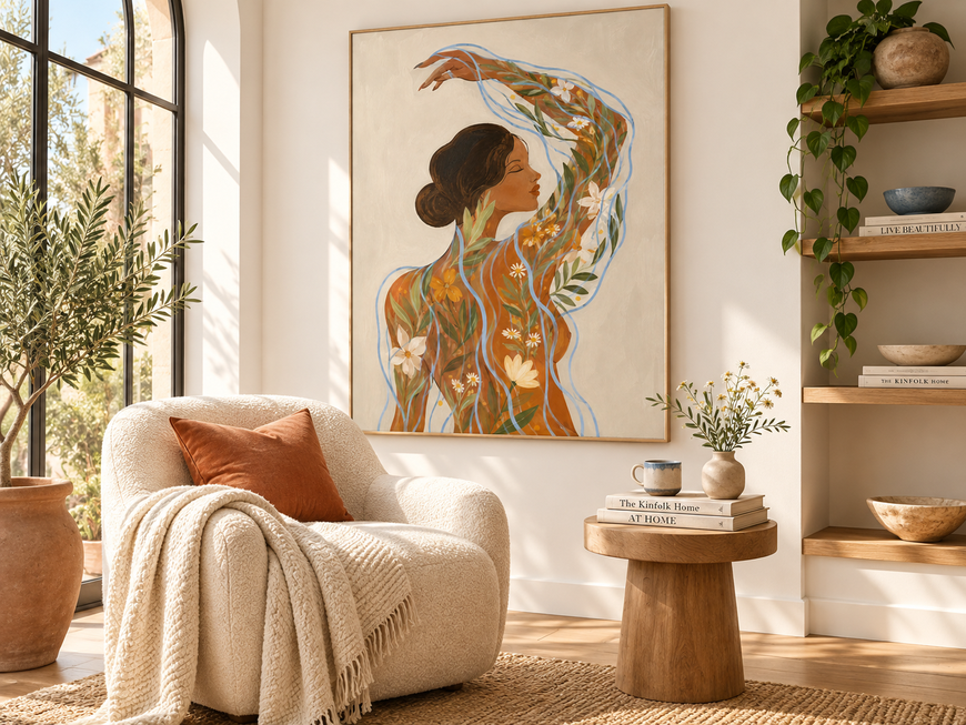 Hand-Painted Abstract Floral Woman Canvas Art With Blue Waves For Modern Home Decor Bohemian Wall Art