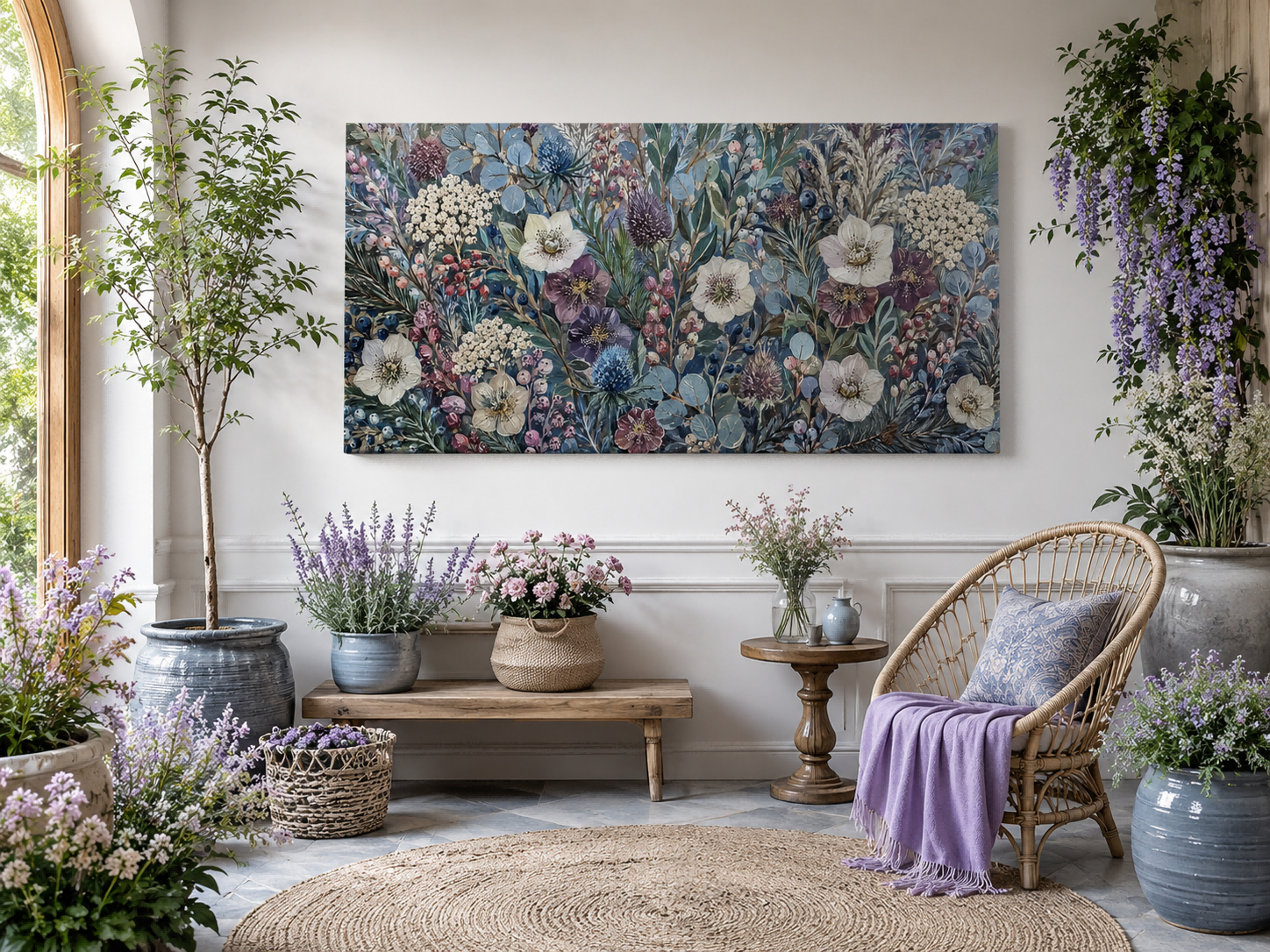 Vintage Blue Floral Oil Painting Textured Art For Elegant Living Room Decor