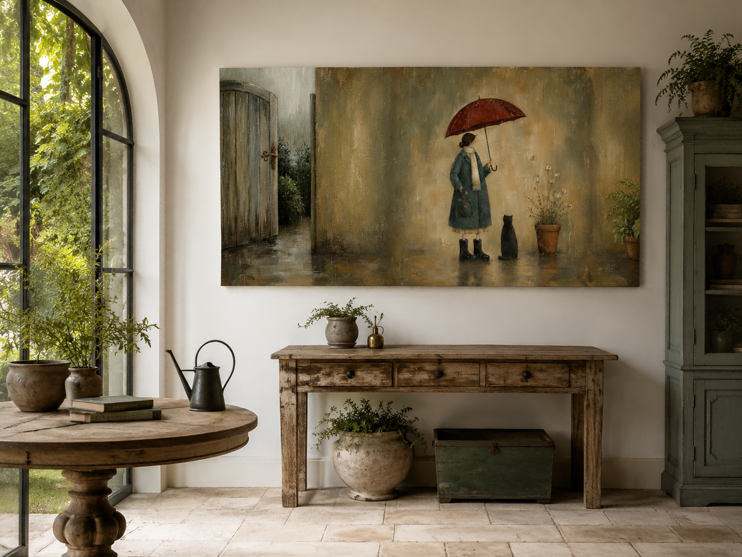 Serene Woman With Umbrella And Black Cat Horizontal Canvas Art For Quiet Spaces