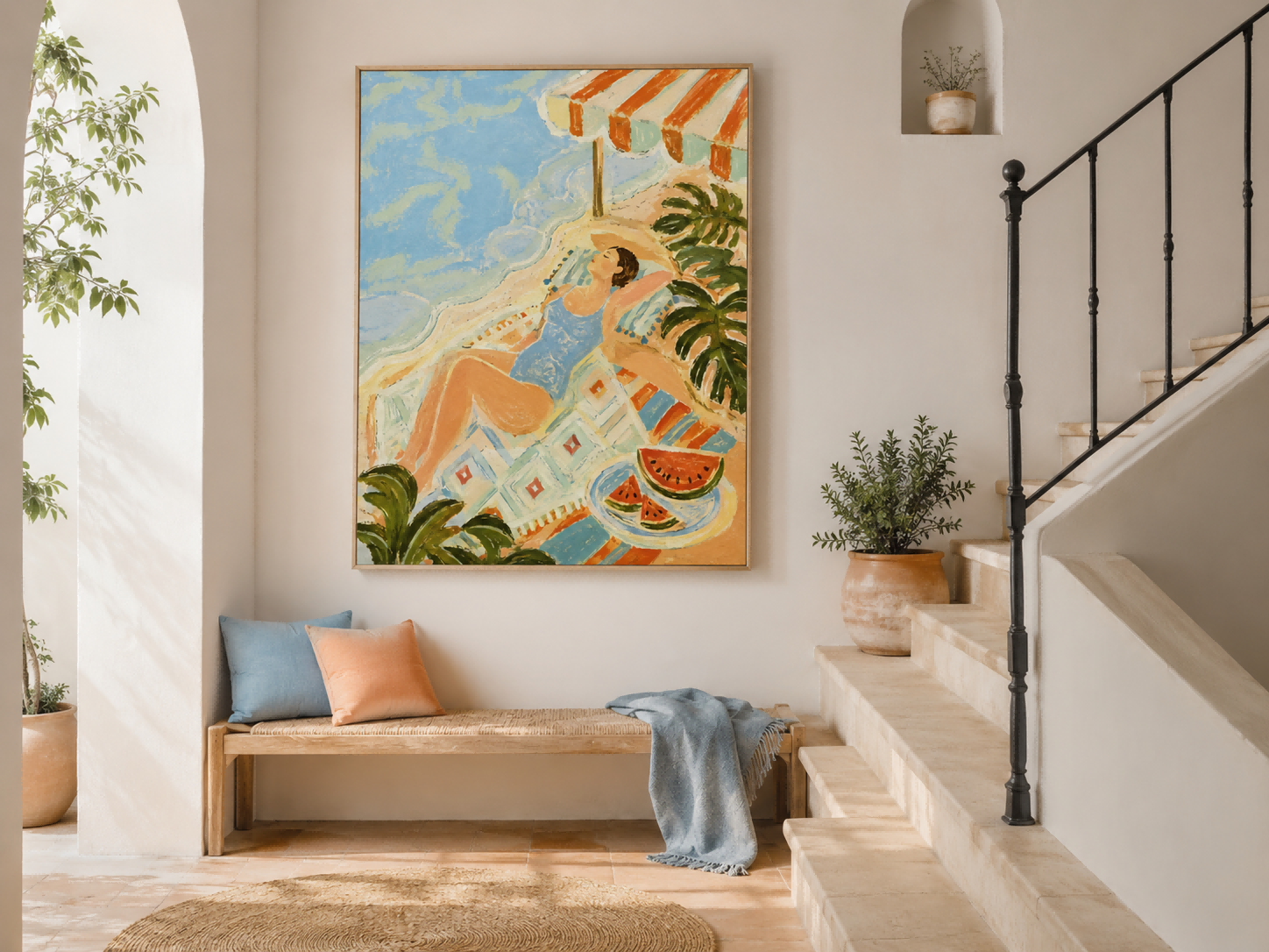 Dreamy Art Deco Style Painting With Ocean And Tropical Elements