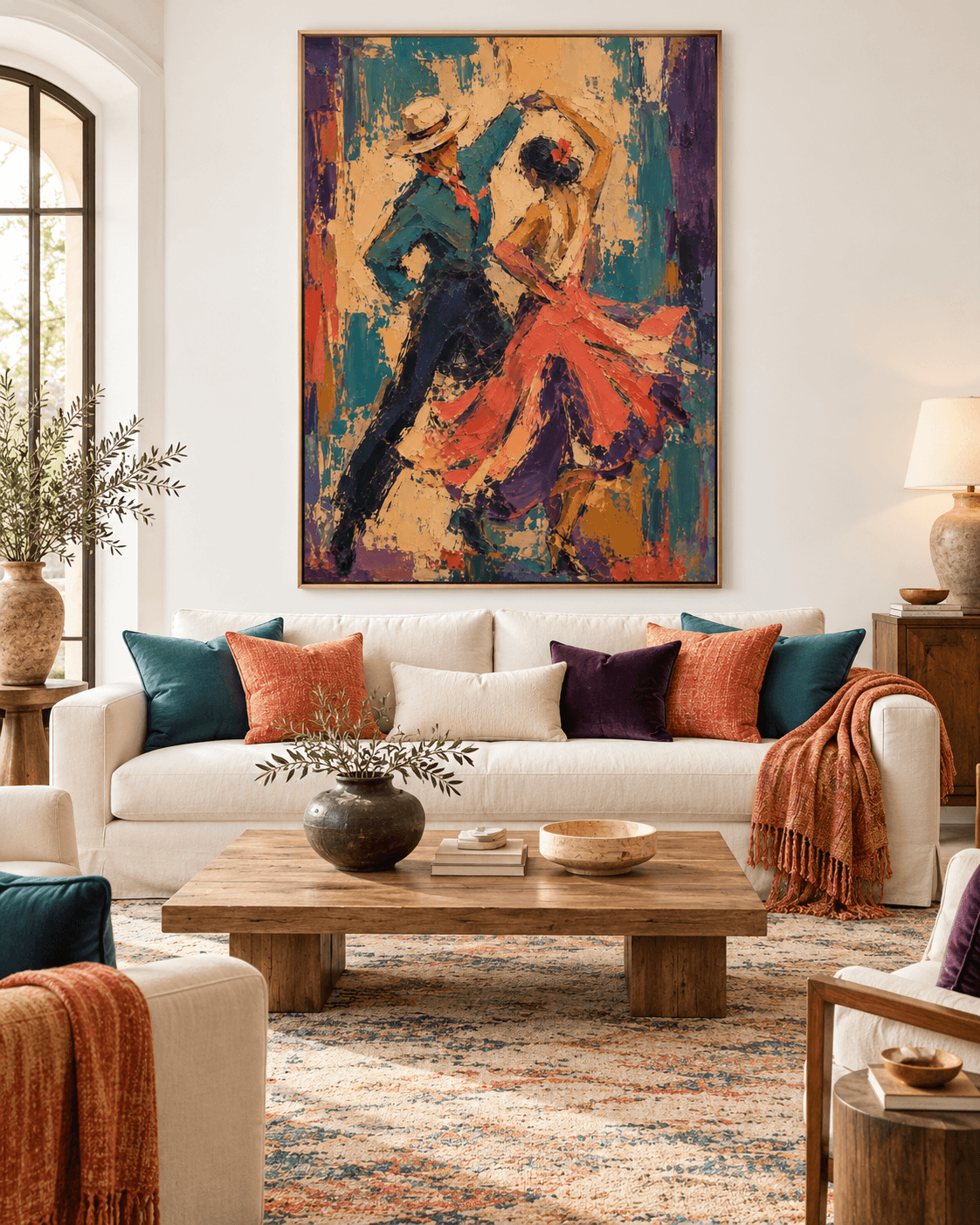 Hand-Painted Tango Dancers Canvas Art With Rich Texture And Warm Red Tones