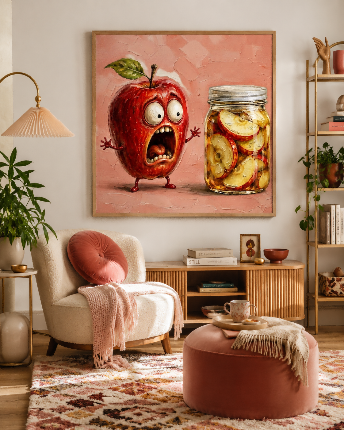 Surreal Anthropomorphic Apple Artwork With Preserved Fruit Jar For Playful Rooms