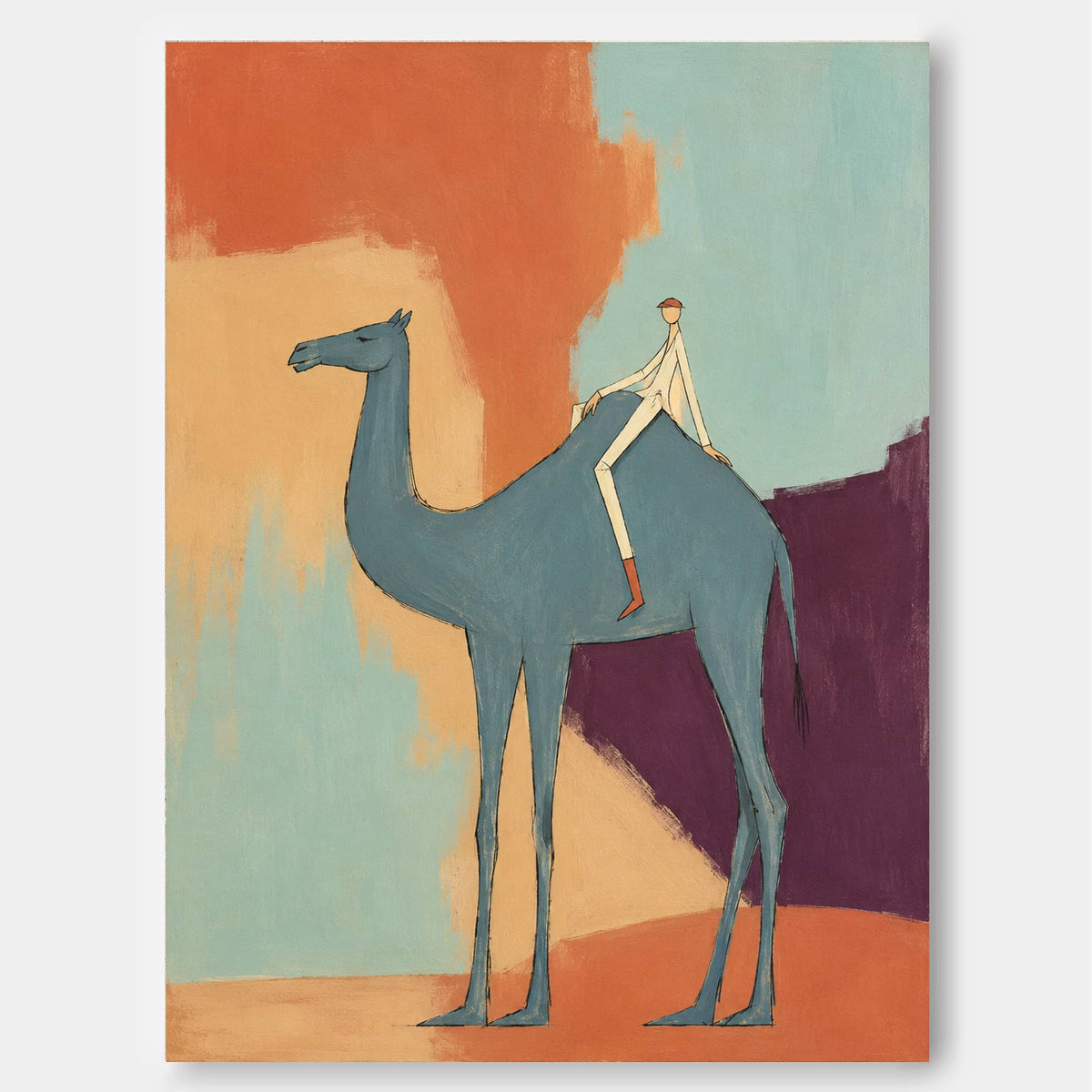 Creative Modernist Figurative Art With Bold Colors And Unique Composition Blue Camel And Rider Abstract Canvas Painting With Color Block Background
