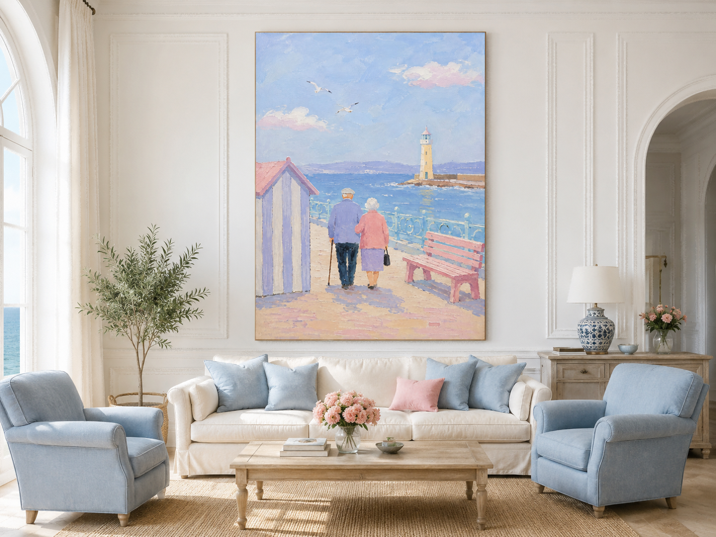 Romantic Impressionist Style Canvas Painting Of Beach Walk With Pastel Tones