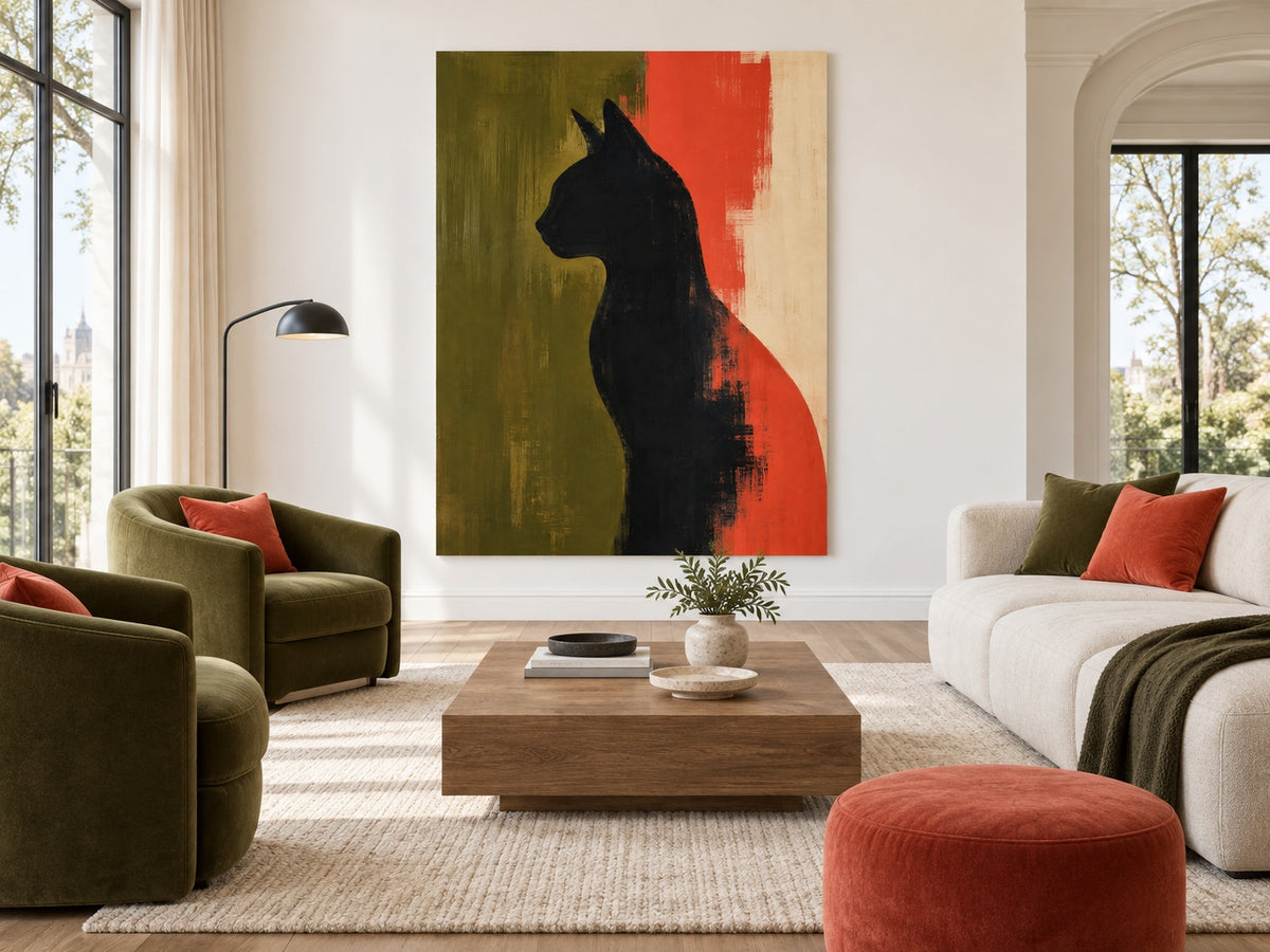 Abstract Geometric Cat Painting Modern Textured Canvas Art In Warm Colors