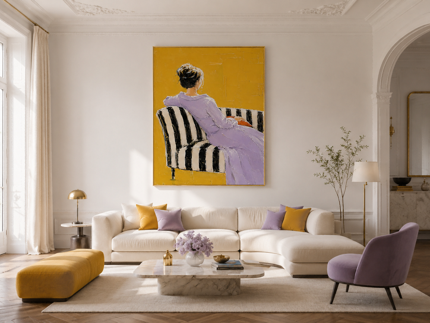 Handmade Impasto Oil Painting Of Seated Woman On Striped Sofa With Expressive Brushstrokes For Modern Home