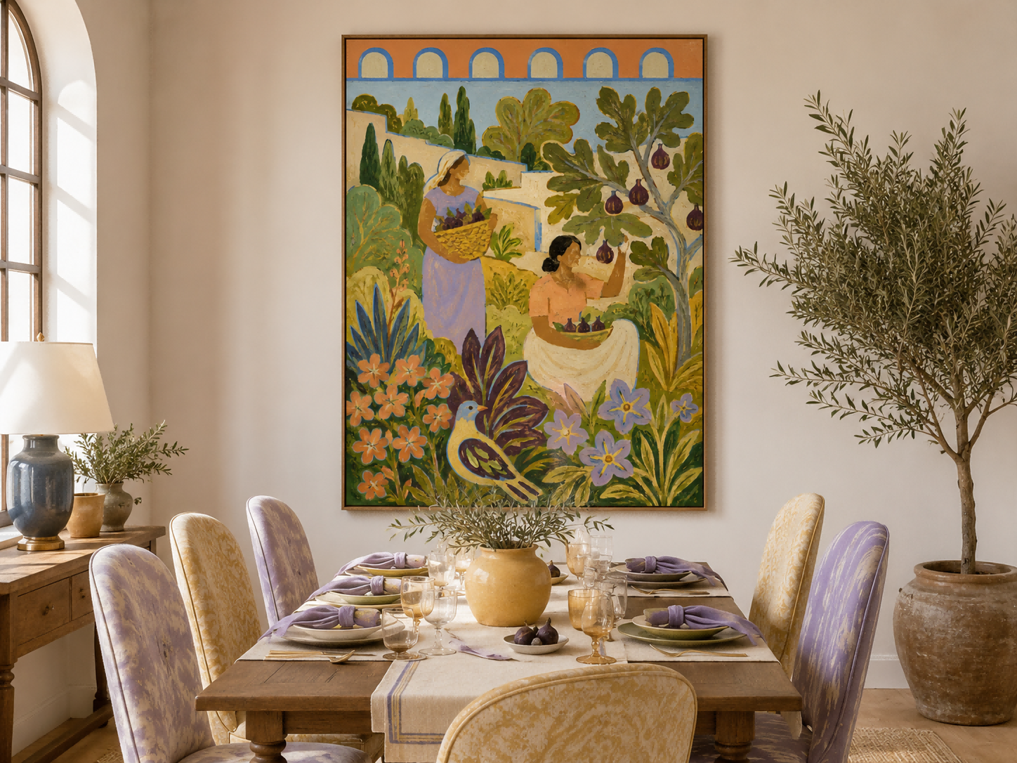 Fantasy Landscape Oil Painting With Purple Figs And Geometric Archways Fantasy Landscape Oil Painting With Purple Figs And Geometric Archways