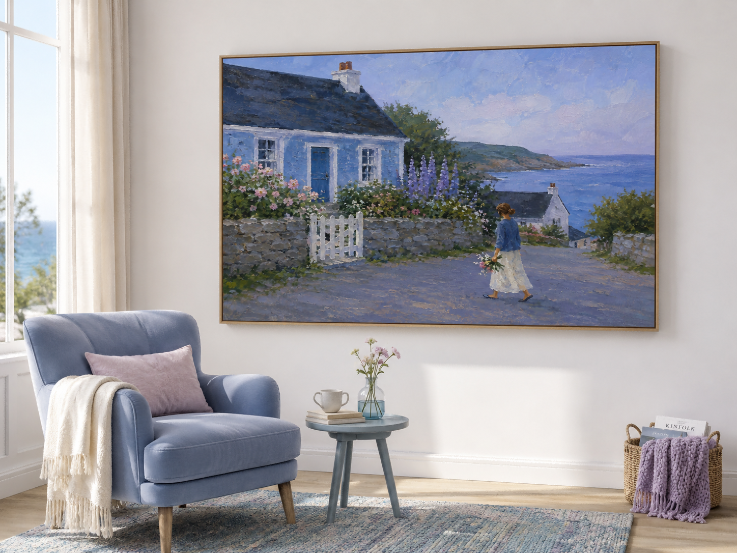 Seaside Landscape Wall Art For Living Room Blue House Painting