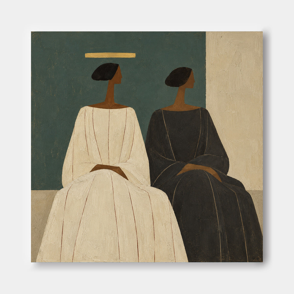 Two Women In Robes Canvas Painting With Gold Halo On Green Background