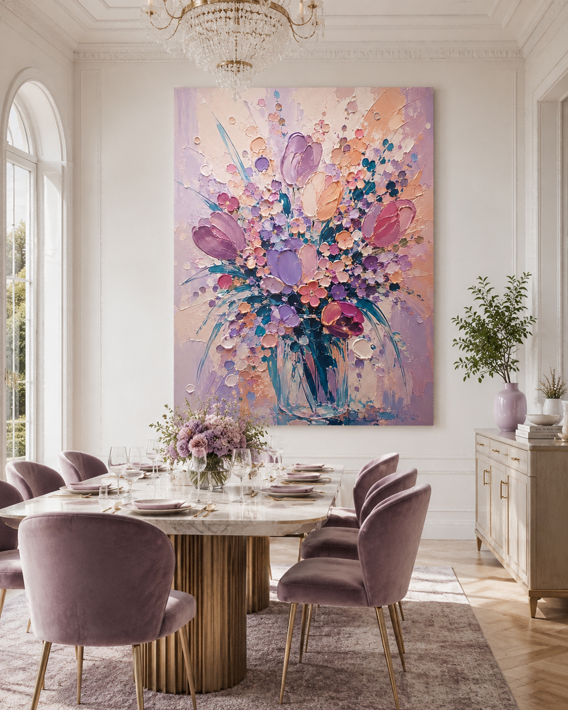 Abstract Tulip Flower Bouquet Hand-Painted Canvas Wall Art In Lavender And Pink