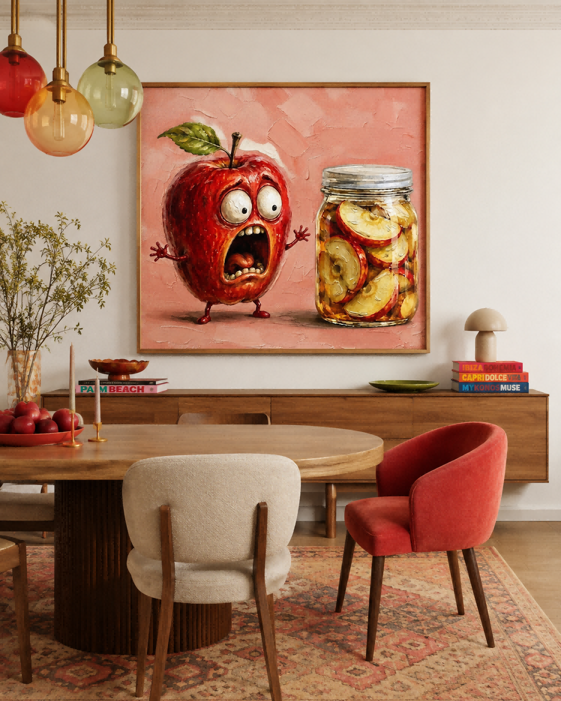 Surreal Anthropomorphic Apple Artwork With Preserved Fruit Jar For Playful Rooms