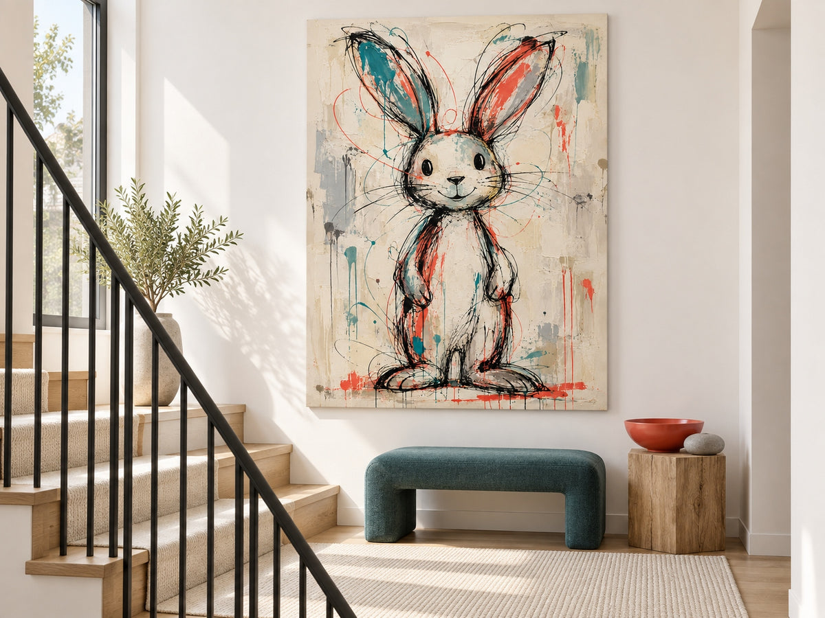 Hand-Painted Graffiti Rabbit Canvas Art With Teal And Coral Accents