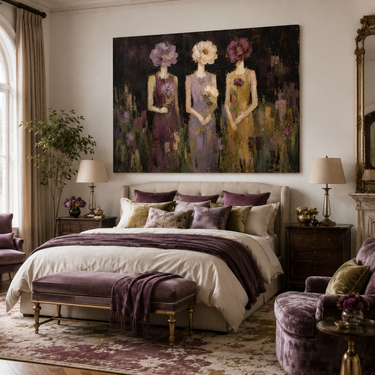 Abstract Figurative Painting Of Women With Flowers In Rich Textured Oil Style