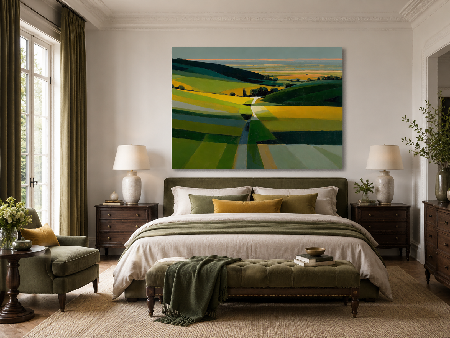 Modern Abstract Landscape Painting With Green And Yellow Fields For Living Room Decor