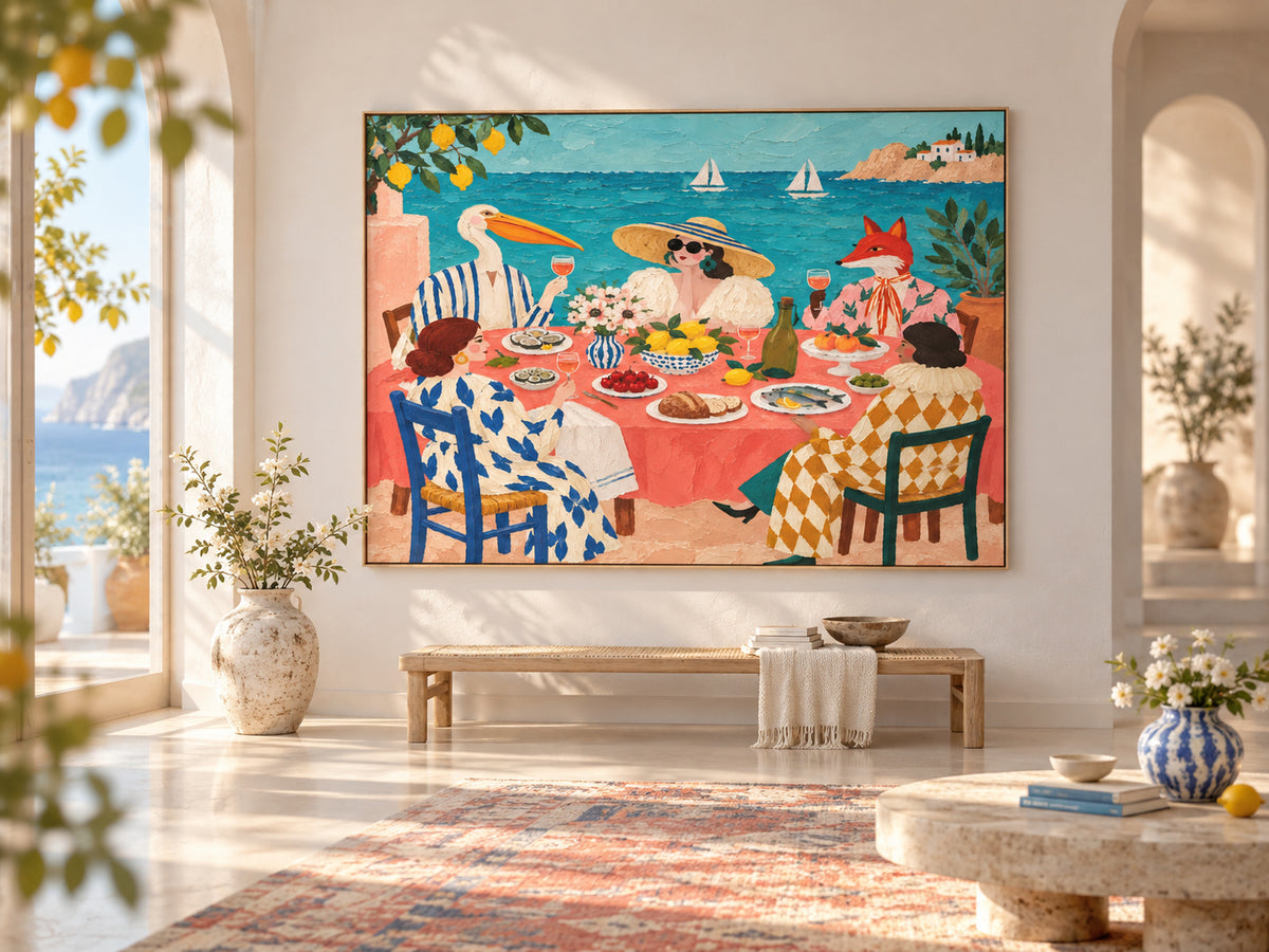Vintage Surrealism Canvas Painting Bright Impasto Texture Art Mediterranean Dining Room Wall Art Colorful Ocean View Painting