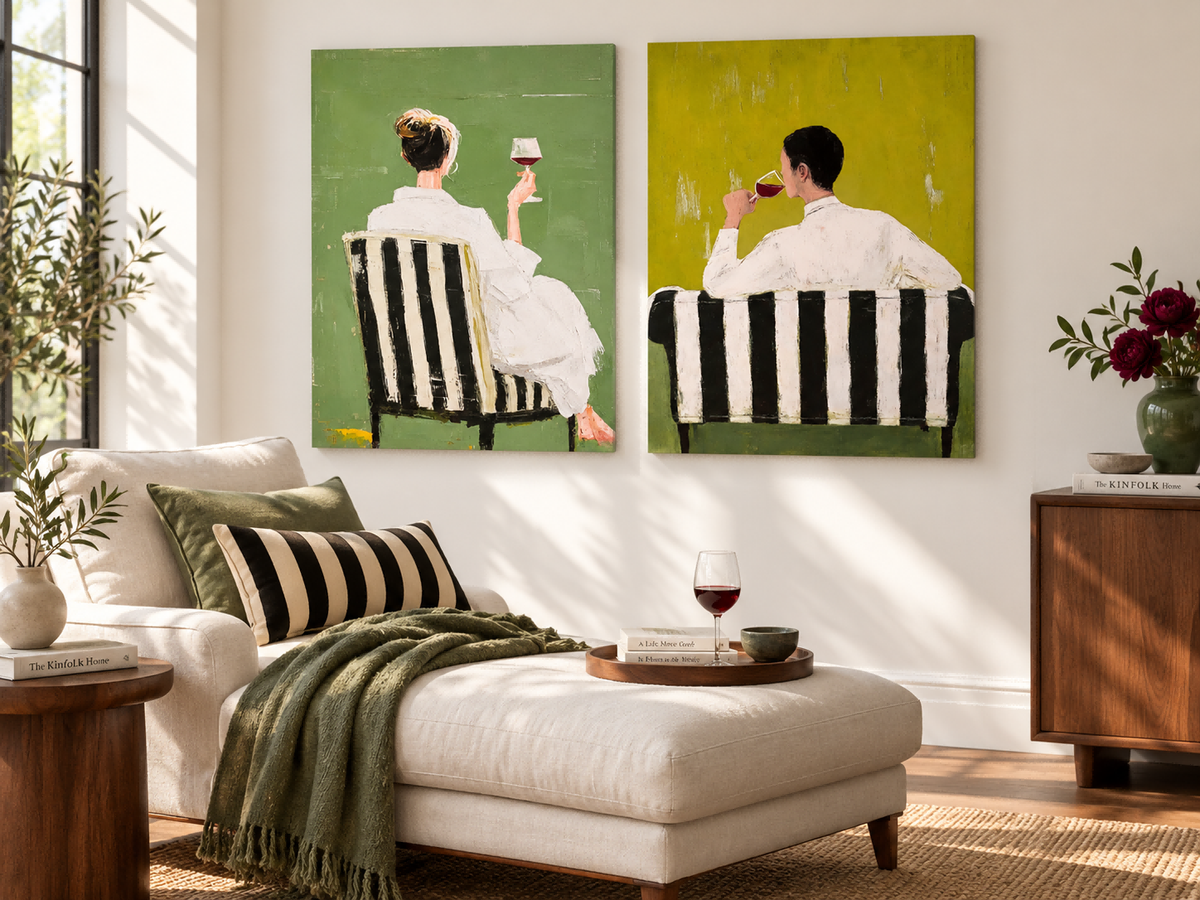 Modern Living Room Wall Art Diptych Of Wine Lovers In Green Tones