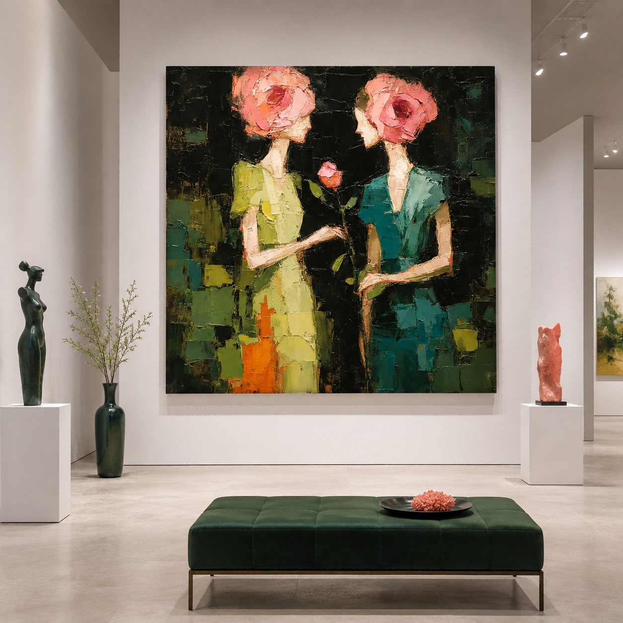 Vintage Style Oil Painting Of Two Women With Rose Heads For Living Room Wall Art Decor