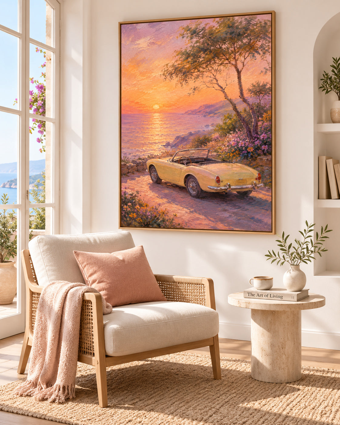 Vintage Car And Sunset Sea Hand-Painted Canvas Art In Gold And Pink