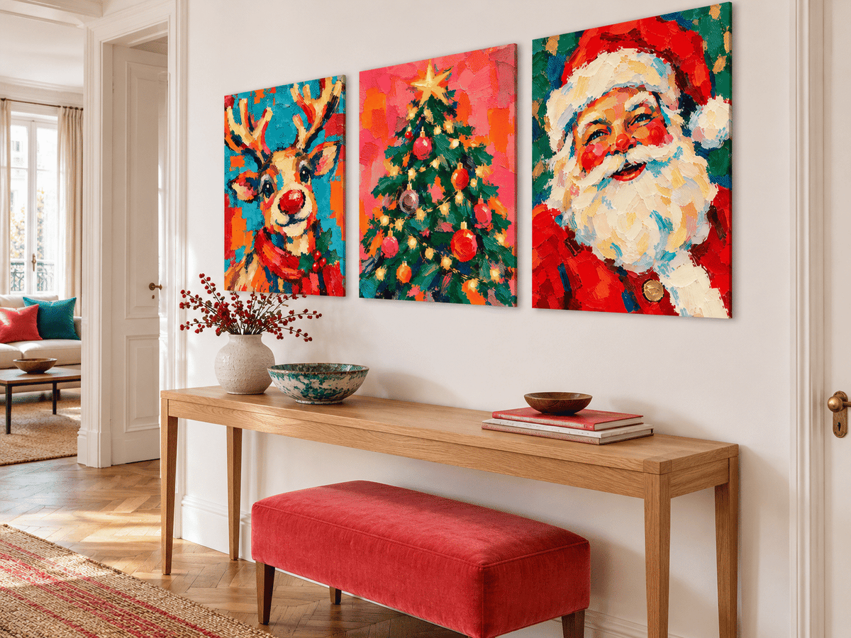 3P Hand-Painted Santa Reindeer Tree Christmas Canvas Art Set