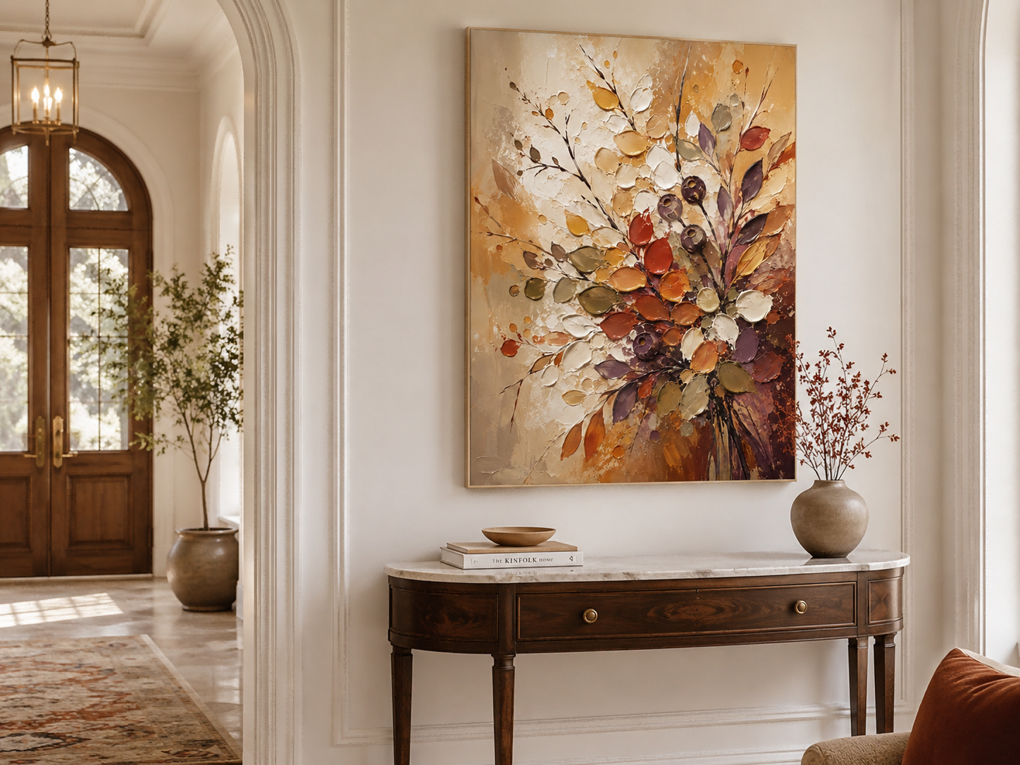 Abstract Floral Canvas Painting With Gold And Beige Tones Vintage Inspired Abstract Art With Heavy Impasto Texture