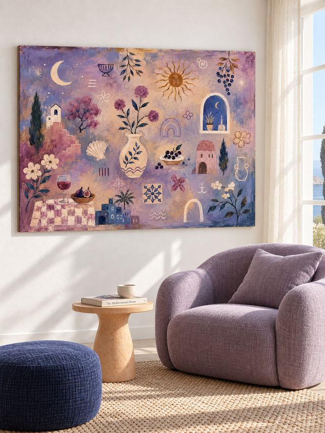 Mediterranean Abstract Canvas Painting With Sun Moon And Flowers