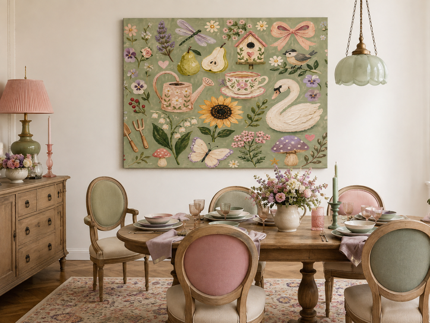 Pastoral Vintage Oil Painting With Sage Green Floral And Animal Motifs For Living Room Decor