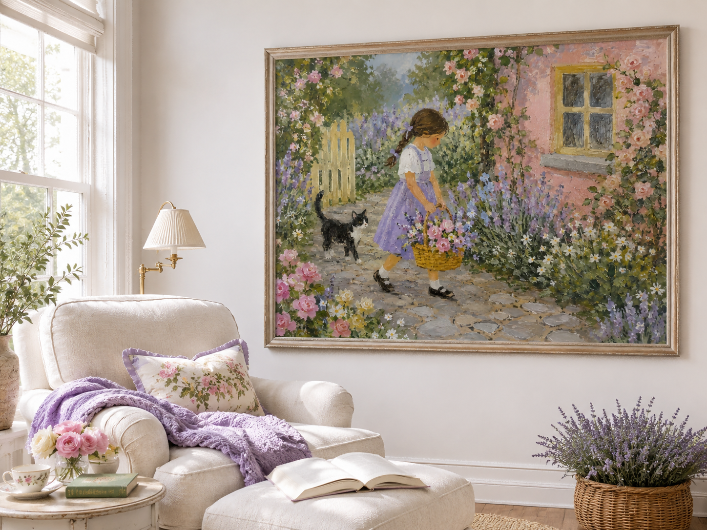 Romantic Impressionist Style Oil Painting Of A Flower Garden Hand-Painted Garden Scene With Girl And Cat Canvas Art
